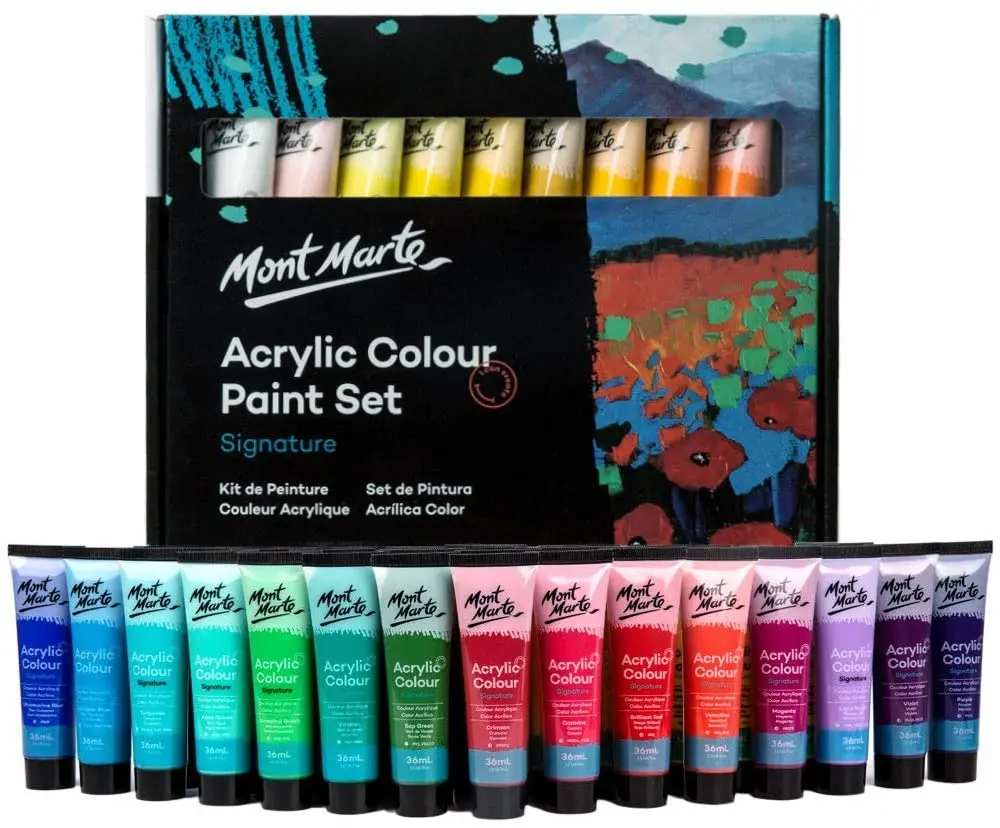 

Mont Marte Acrylic Paint Set 18/24 Colours 36ml, Perfect for Canvas, Wood, Fabric, Leather, Cardboard, Paper, MDF and Crafts