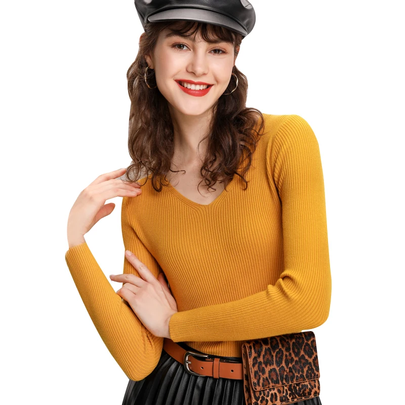 2019 New V-neck Slim High Elastic Pullover Women's Knit Sweater Solid Color Fashion Autumn Winter Thin Section Soft Sexy | Женская
