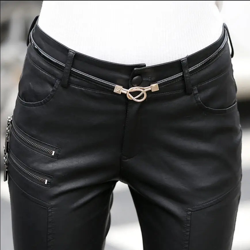 

leather women's Female casual legging trousers thin feet mid-waist outer wear straight pants new style large size