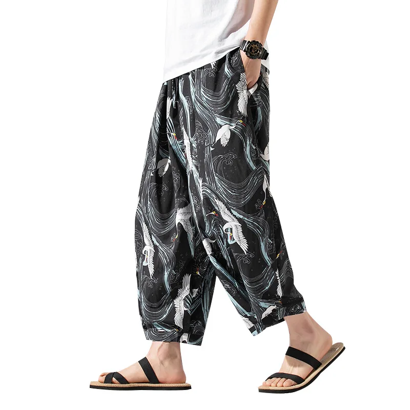 

Летние модные повседневные шаровары с принтом, мужские осенние штаны, шаровары из ледяного шелка, брюки с широкими штанинами