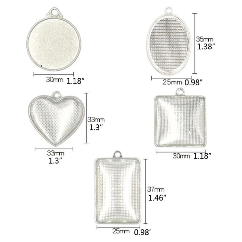

100Pcs 5 Styles Double Sided Pendant Trays With Bright Glass Cabochon Dome Tiles for Crafting DIY Jewelry Gift Making