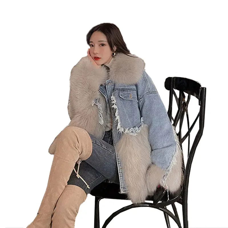 Fashion Denim Stitching Women High Quality Faux Fur Coat Winter Warm Parkas 2021 Women's Long Loose Fur Teddy Bear Plush Coats