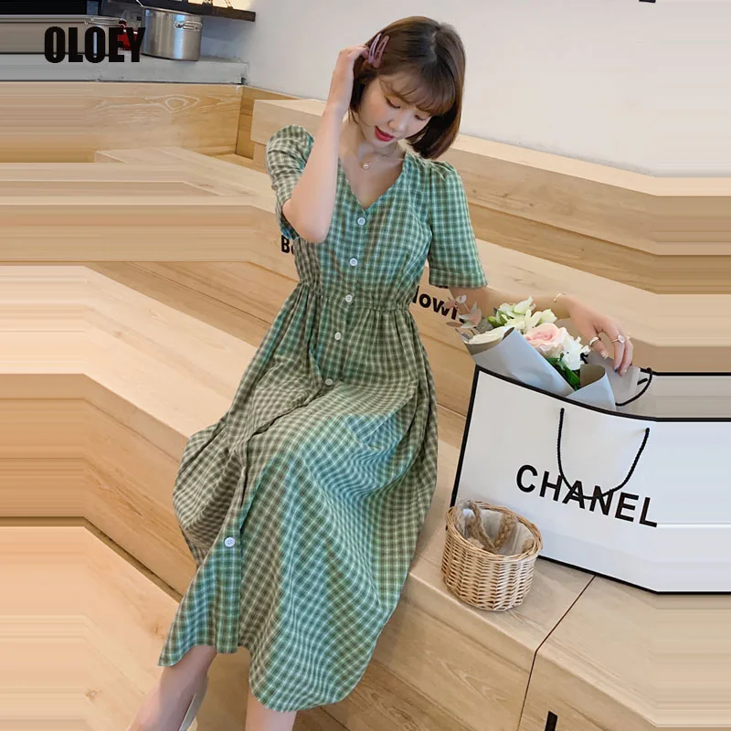 

Korean Style Dress 2021 New Summer Short-Sleeved Single-Breasted Plaid Loose Dresses Casual Cute Elastic Waist Elegant Dresses