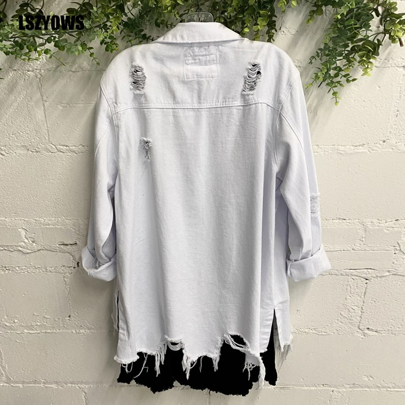 

White Denim Jacket Women Steetwear 2021 Vintage Long Casual Coat Autumn Winter Female Long Sleeve Outerwear Ripped Jeans Jackets