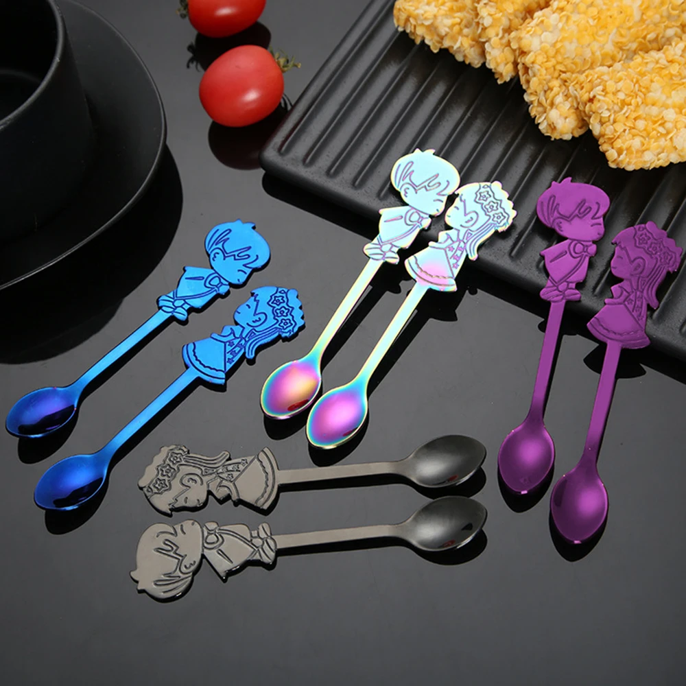 

2 PCS 304 Stainless Steel Coffee Spoons Beautiful Couple Spoon Dessert Cute Children Ice Cream Scoops Kitchen Cup Accessories