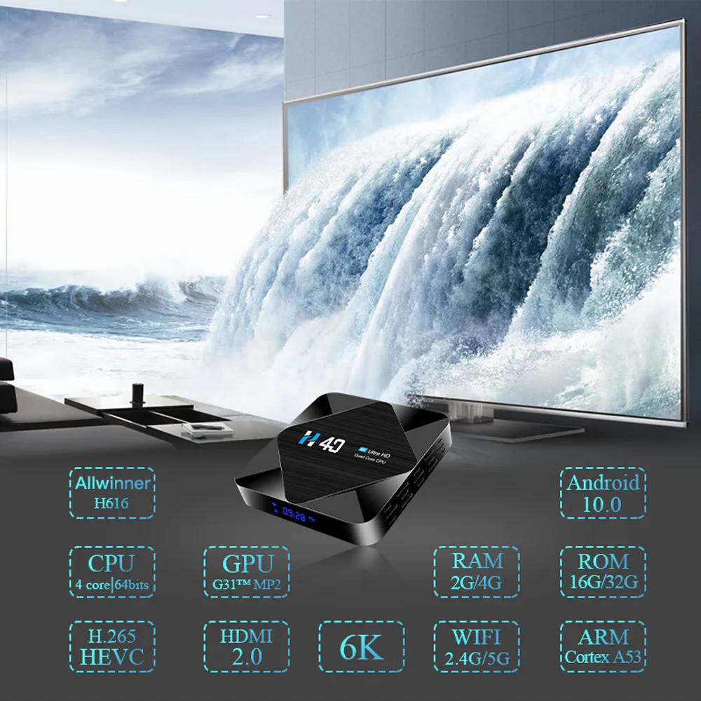 H40 Android 10 2 4G 5 ГГц Wifi телевизионная коробка с Bluetooth H616 четырехъядерный YouTube Netflix 4 Гб