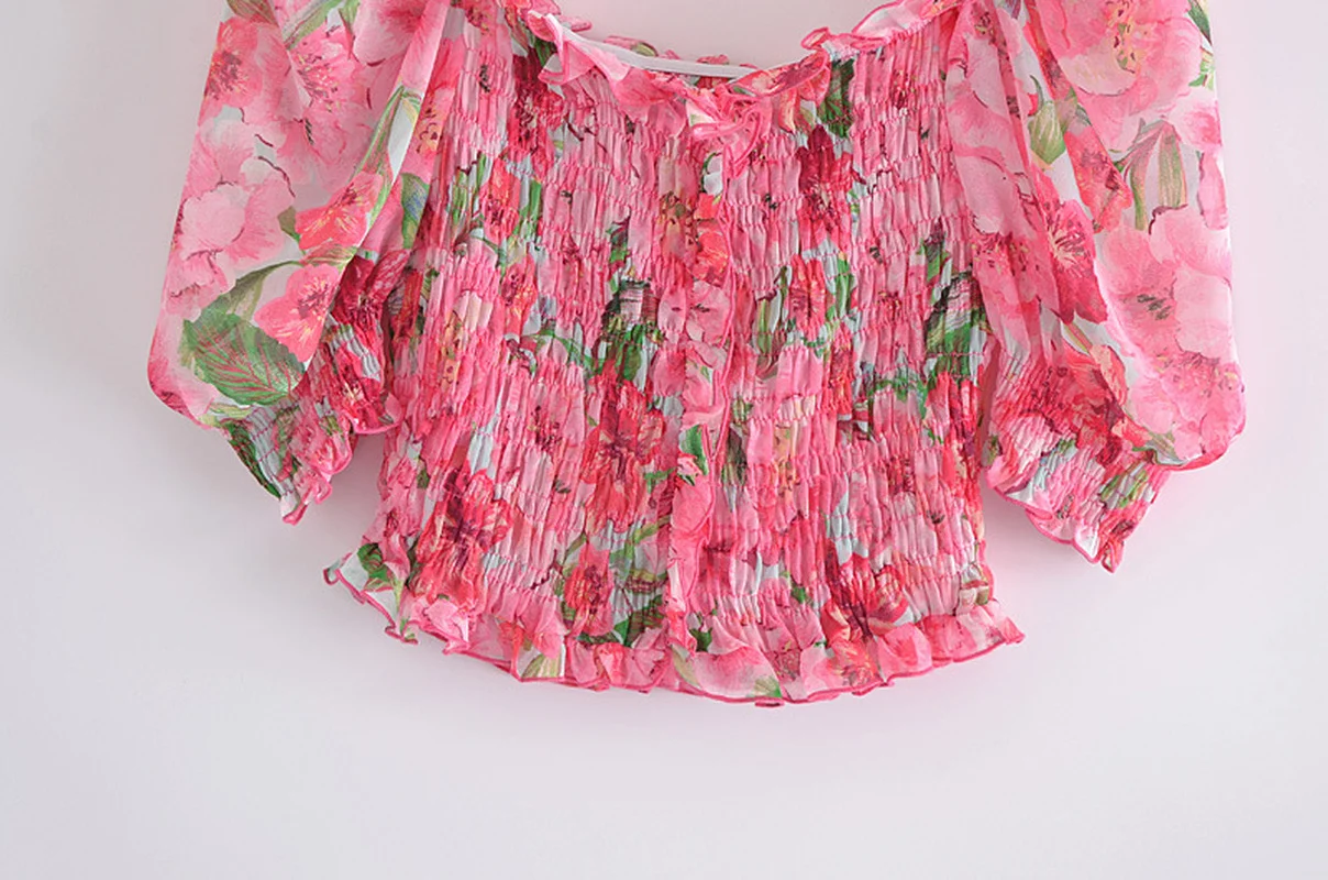 

Ladies 2021 Fashion Women Cottagecore Floral Ruffled Crop Top, Retro Short-sleeved Blouse, Tang Li Printed Female T-shirt Top