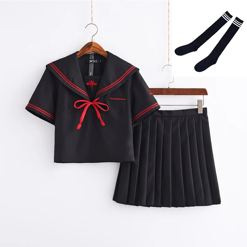 Short Set With Socks UPHYD Dark Demon School Uniforms For Girls Anime Cosplay Costumes JK Sailor Uniforms S-XL Top And Pleated Skirt - Цвет: Short Set With Socks