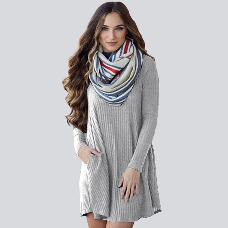 Женское трикотажное платье новинка 2019 Осень зима свитер с карманом одноцветное