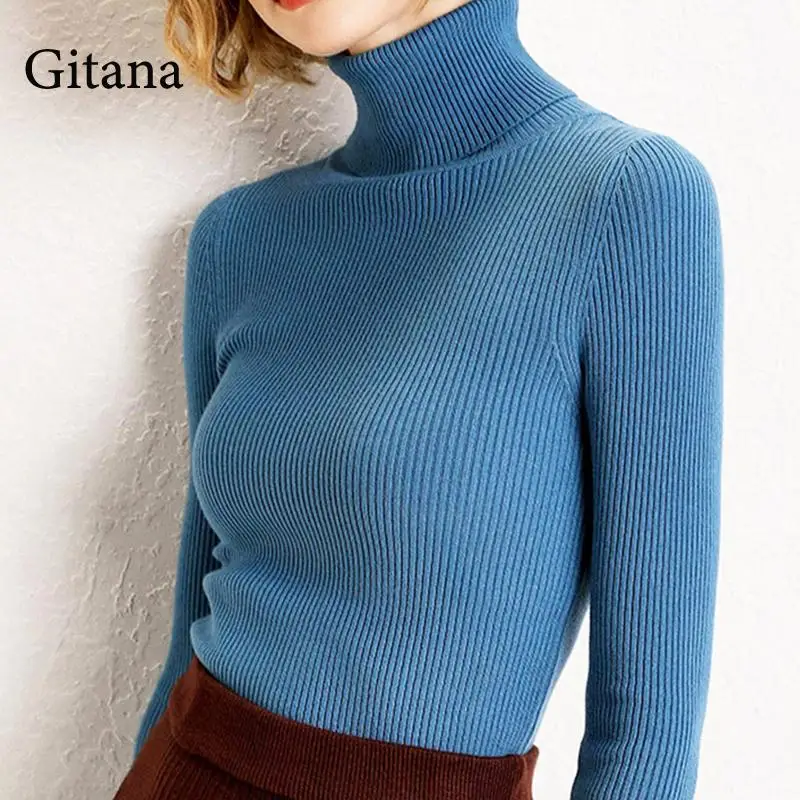 

Gitana Knitted Turtleneck Women Sweaters Solid Slim Pullover Sweater Korean Casual Long Sleeve 2021 Autumn Winter Tops Jumper