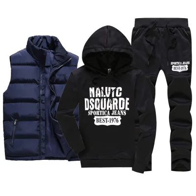 Navy Vest black Suit Комплект из 3 предметов, мужской спортивный костюм, жилет, толстовки, штаны, компрессионная одежда для фитнеса, тренировочные спортивные комплекты, спортивный костюм с принтом, мужская одежда - Цвет: Navy Vest black Suit