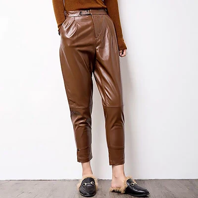 Women pants genuine sheep leather pants High waist black harem pants Elastic belt waist Trousers new fashion - Цвет: Brown