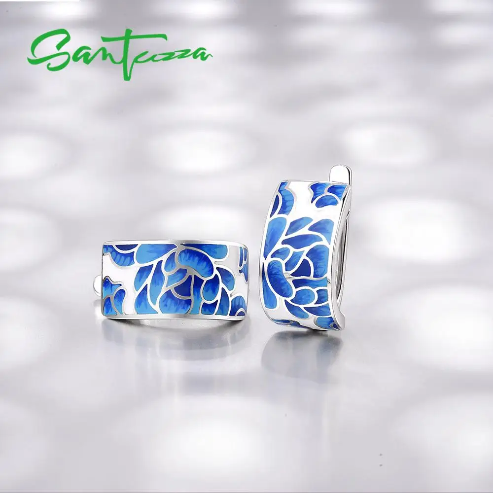 SANTUZZA, серебряные серьги для женщин, натуральная 925 пробы, серебряные, синие, цветок, эмалированные серьги, модный подарок, хорошее ювелирное изделие ручной работы