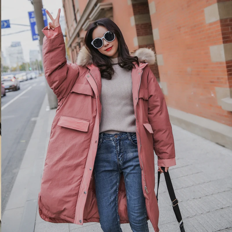 

Women Zipper Single Breasted Winter Drop Shoulder Fur Collar Hooded Outerwear Female Loose Causal Comfortable Outerwear ZX2282