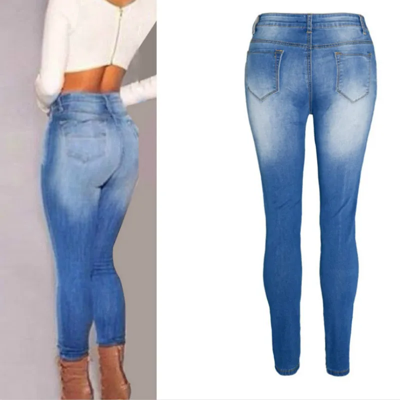 Всесезонные женские отбеленные синие обтягивающие джинсы Стрейчевые джинсовые