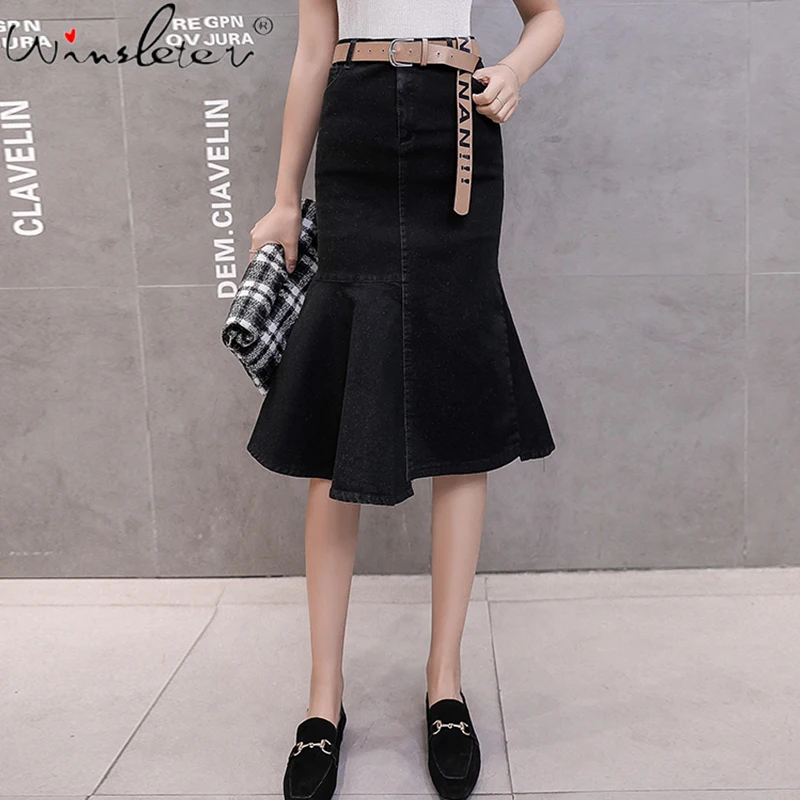 Женская джинсовая юбка годе средней длины с оборками и поясом модель B02004B на лето