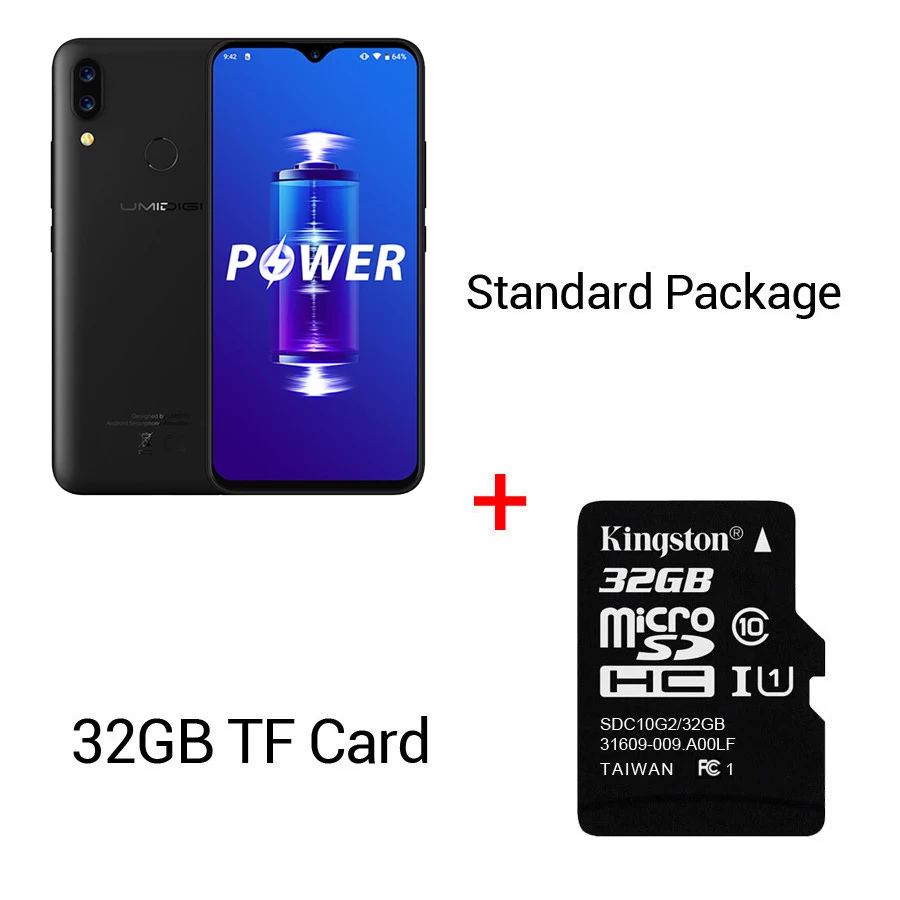 UMIDIGI power Android 9,0 5150 мАч большая батарея 18 Вт 6,3 'FHD+ экран капли воды 4 Гб+ 64 Гб Helio P35 глобальная версия смартфона 16 МП - Цвет: Black n 32GTF Card