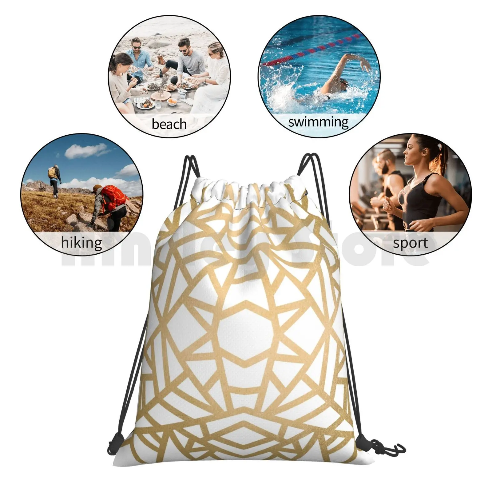 

Gold Sun Backpack Drawstring Bags Gym Bag Waterproof Graphic Pattern Abstract Lines Mosaic Geometric Geometric Gold