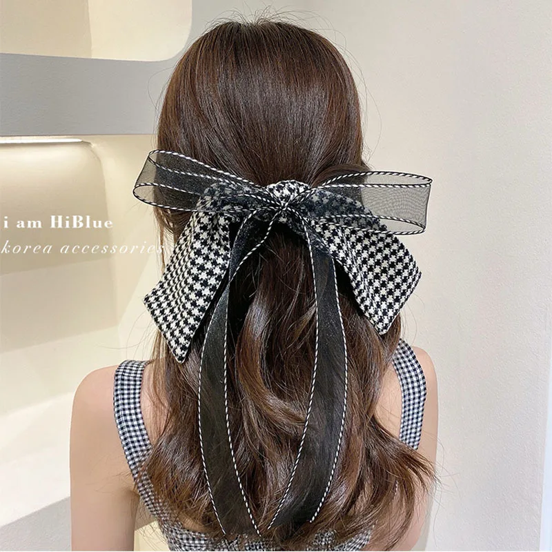 

Women Retro Houndstooth Black Large Bow Hair Clip Headwear Girls Elegant Long Ribbon Hair Bows Korean Hairpins Hair Accessories