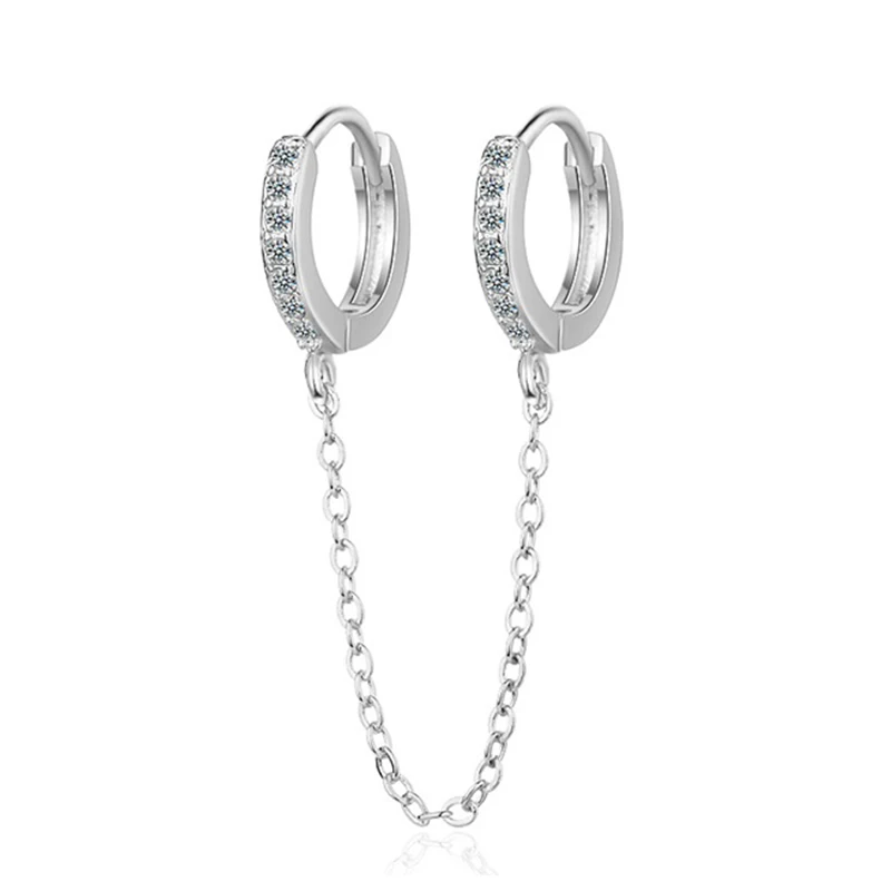 Классические двойные серьги-обручи с цепочкой для пирсинга белые/Золотые тонкие