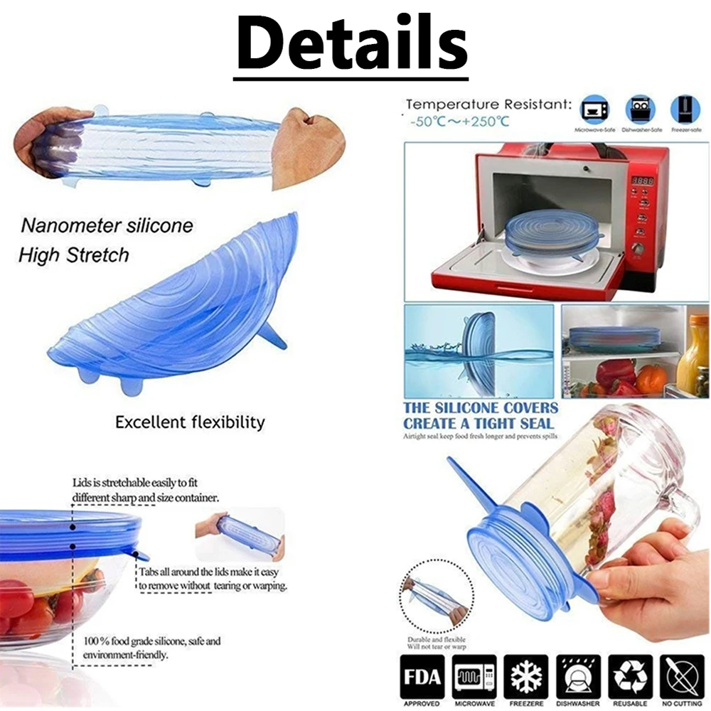 

6PCS Silicone Stretch Lids Universal Silicone Food Wrap Bowl Pot Lid Silicone Cover Pan Cooking Kitchen Accessories