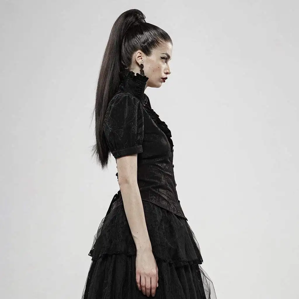 Панк рейв женские Готический Стенд воротник с пышными рукавами черные рубашки WY