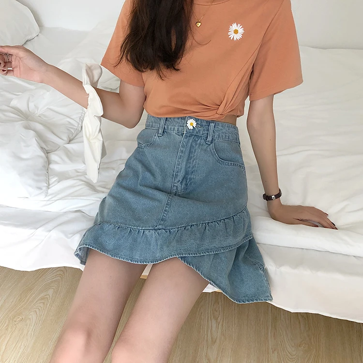 

2021 new women's summer little Daisy irregular han edition falbala denim skirts the a-line skirt ins