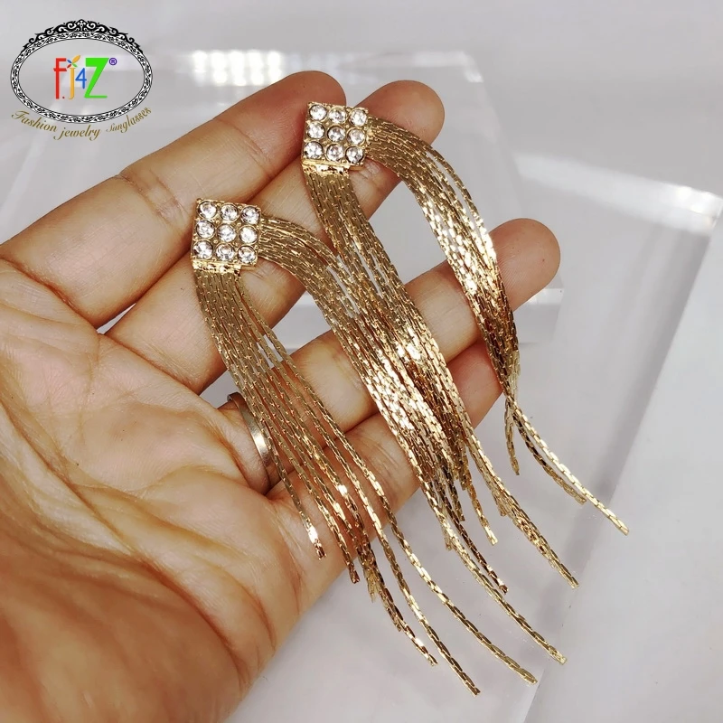 

F.J4Z New Elegant Women Drop Earrings Luxurious Rhinestone Long Tassel Earrings Ladies Hit-hop Club Show Earrings Gifts