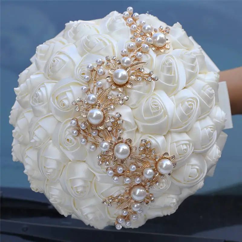 WifeLai-A Wedding Bouquets With Pearl Beaded Romantic Ivory Ribbon Rose Bride's Bouquet Bridesmaid Flower De Noiva W706 | Свадьбы и