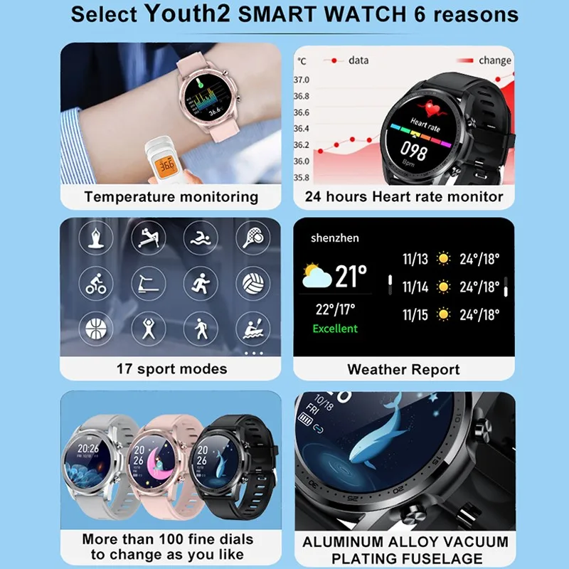 

Youth2 Smart Watch Fitness Tracker Body Temperature Heart Rate Monitoring Message Push Waterproof Smart Bracelet Band For Xiaomi