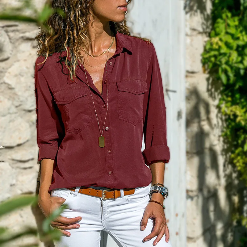 

2021 Spring Summer Casual Blouse Women Top And Blouse Women Shirt Long Sleeve Button Pocket Black Solid Turn-down Collar Shirt