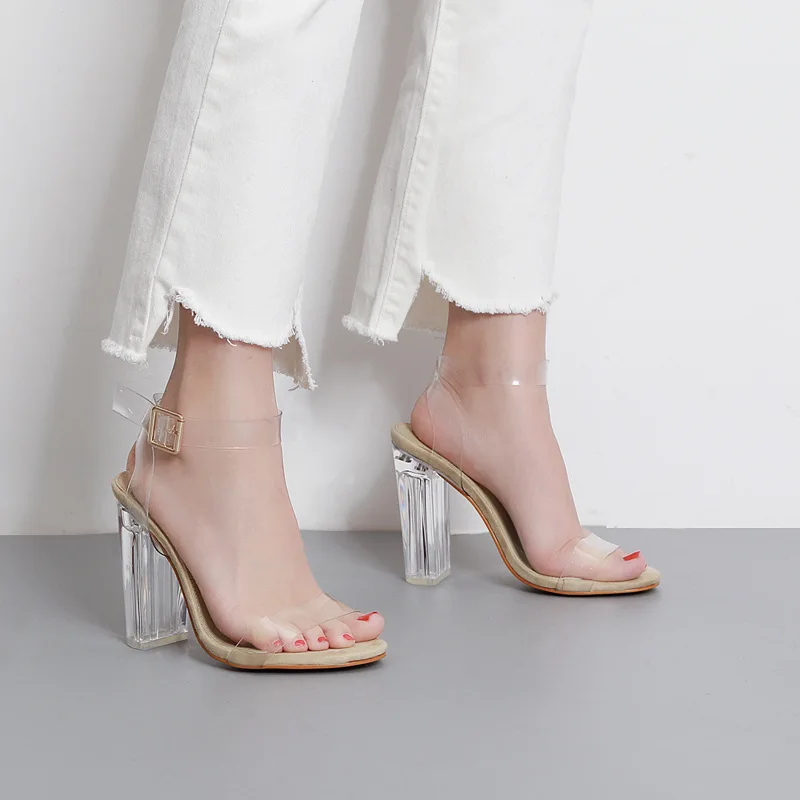 

Summer Women Ankle Strap Sandals Transparent PU Buckle Strap Square heel 11.5CM High Heels Sandals Women Shoes Sexy Pumps