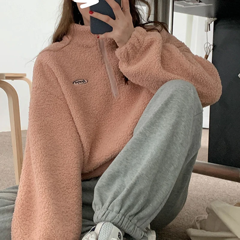 

XZ1110 2021 Loose mid-length fashion stand-up collar imitation lamb wool thickening explosion long-sleeved Sweatshirts women