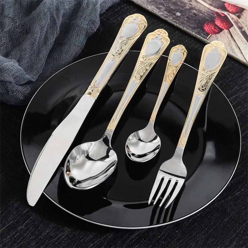 

Household luxury golden stainless steel tableware fork knife spoon set of 24 high-quality tableware children's wooden tableware