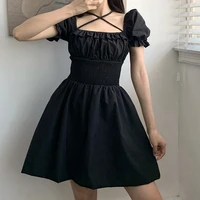 houzhou gothic plus size 4xl dress women black goth harajuku mini dress kawaii puff sleeve backless bandage partywear streetwear