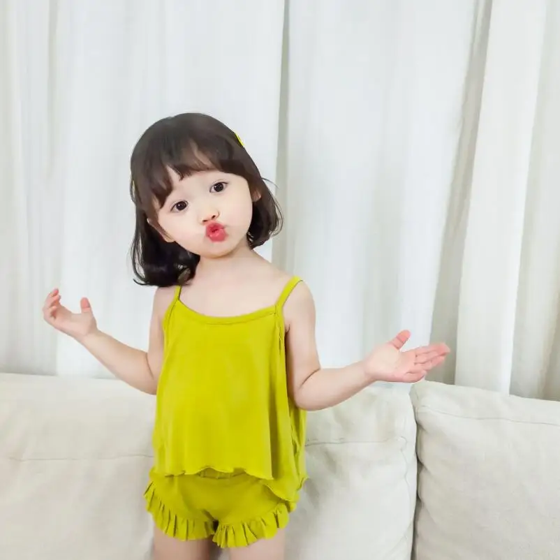 Летние пижамы 2020 года однотонные топы на бретелях + шорты комплект из двух