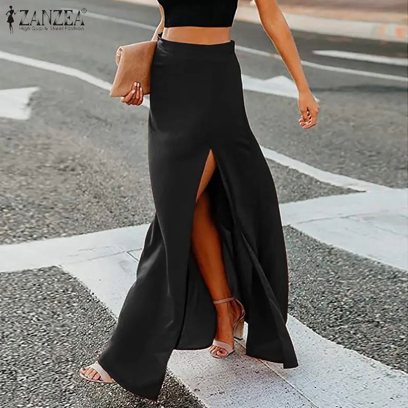 ZANZEA 2020 Fashion Women Sexy High Slit Skirts Casual Back Zipper Up Maxi Faldas Mujer Bohemian Beach Party Long | Женская одежда