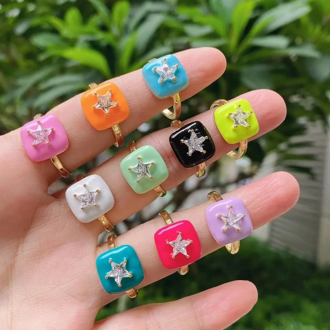 

10PCS, Neon Color Star Enamel Rings For Women Girls Ring 2021 Trend Anillos Mujer Fashion Zircon Jewelry Rings Minimalist