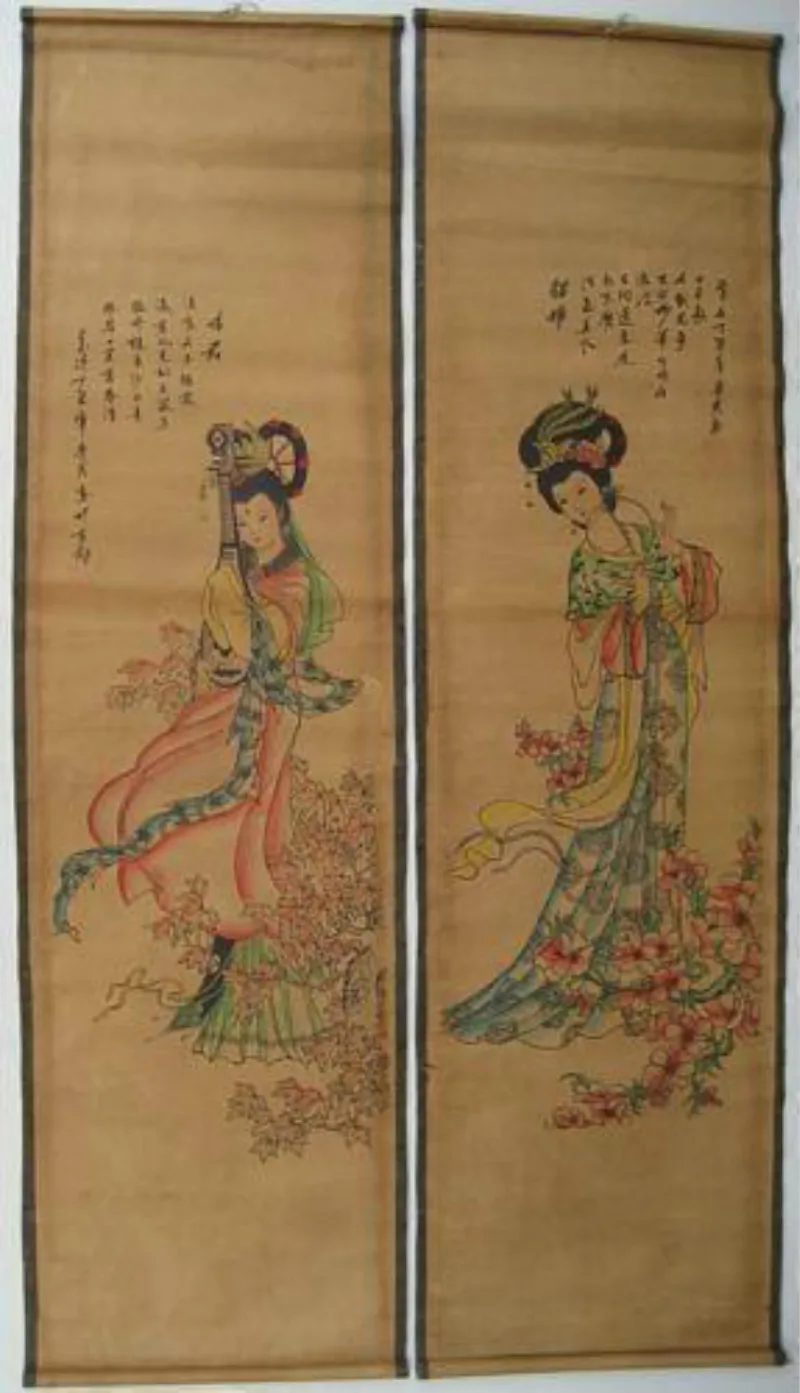 Старые китайские иероглифы каллиграфия чернила и цветные длинные свитки картины