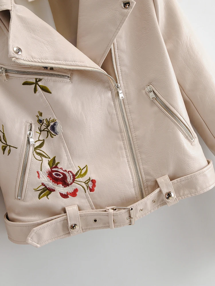 Spring Autumn Women PU Leather Jacket Fashion Embroidery Chic Rivets with Belt Biker Jackets Zippers Ladies Coats Outerwear