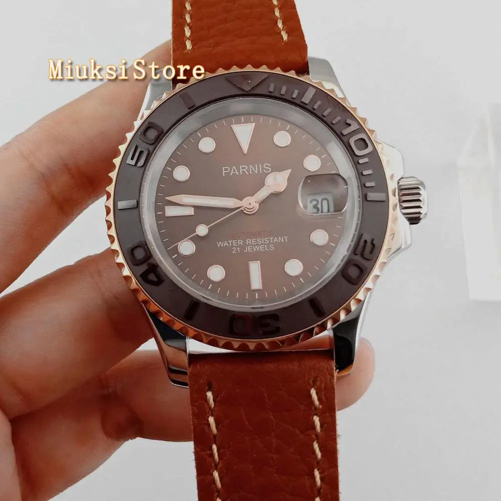 Роскошный бренд Parnis 41 мм сапфировое стекло коричневый циферблат Керамическая