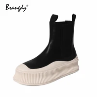 brangdy 2022 concise women ankle boots platform genuine leather women shoes splicing round toe women spring autumn boots slip on
