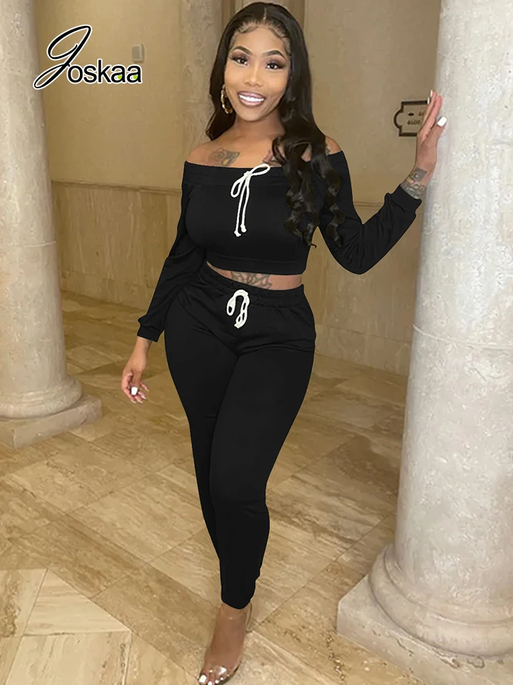 

Женский облегающий Топ Joskaa, однотонный топ с длинным рукавом и штаны для бега, комплект из двух предметов, Зимняя коллекция 2021 года, модная с...