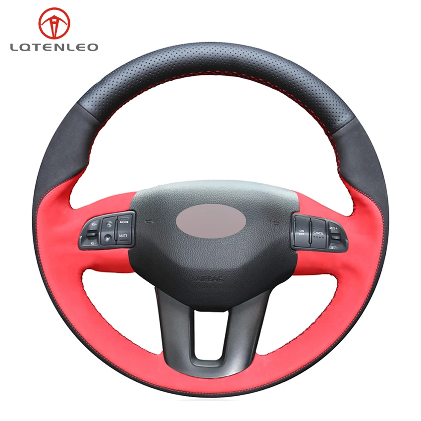 

LQTENLEO Black Genuine Leather Suede Red Suede Car Steering Wheel Cover For Kia Sportage 3 2010-2017 Kia Ceed Cee'd 2009-2012