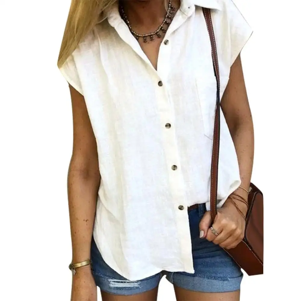 

Blouses Women Casual Solid Color Turn Down Collar Short Sleeve Buttons Up Pocket Shirt