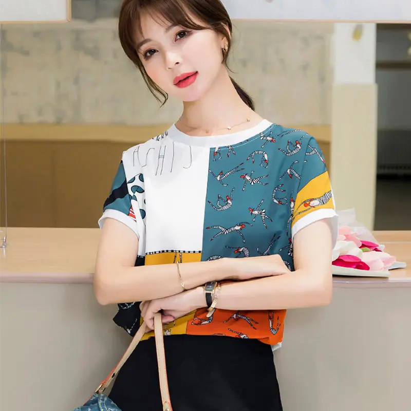 

Summer New Style Printed Chiffon Blouse Women European Goods Loose Thin Short-sleeved Round Neck Stitching T-shirt