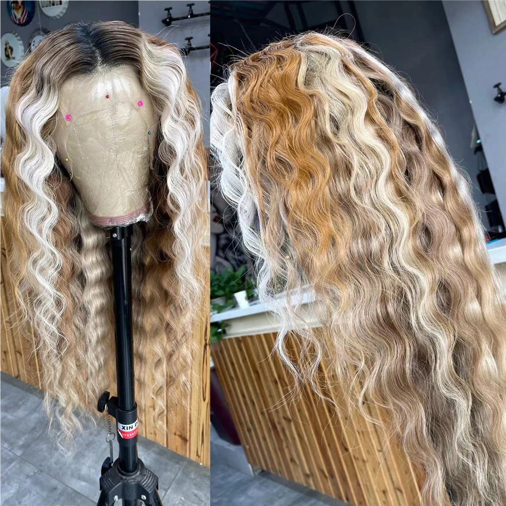 

Blonde Highlight Wig Human Hair Full Lace Wigs Remy Hair Dark Roots Deep Wave Wig for Women 13x4/13x6 Lace Front Wig Pre Plucked