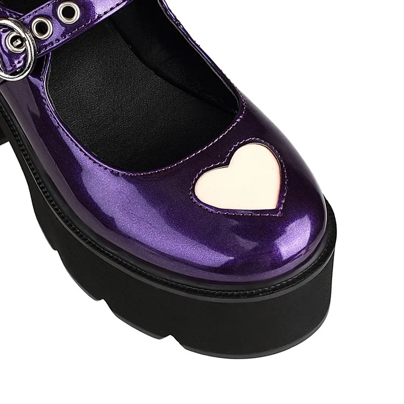 

Thick Bottom Platform Ankle Strap Mary Jane Shoes For Women Patent Leather Round Toe Chunky High Heels 2021 Pumps Woman Purple