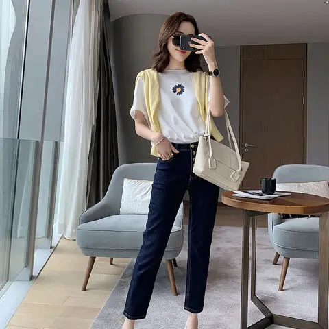 

95 cotton 5 spandex 2021 new daisy printed T-shirt women's short sleeve spring and summer loose Korean jacket Joker