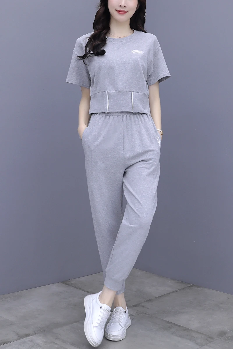 

Houthion Women Two Piec Set Summer O-neck Loose Tshirt Short Sleeve T-shirts + Pants Suits Solid Color T Shirt and Pants Sets